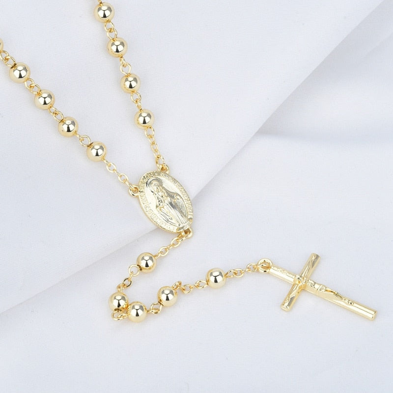 Men Women Light Yellow Gold-color Catholic Religious Virgin Mary Guadalupe Rosary Necklace Jewelry 6mm Prayer Beads