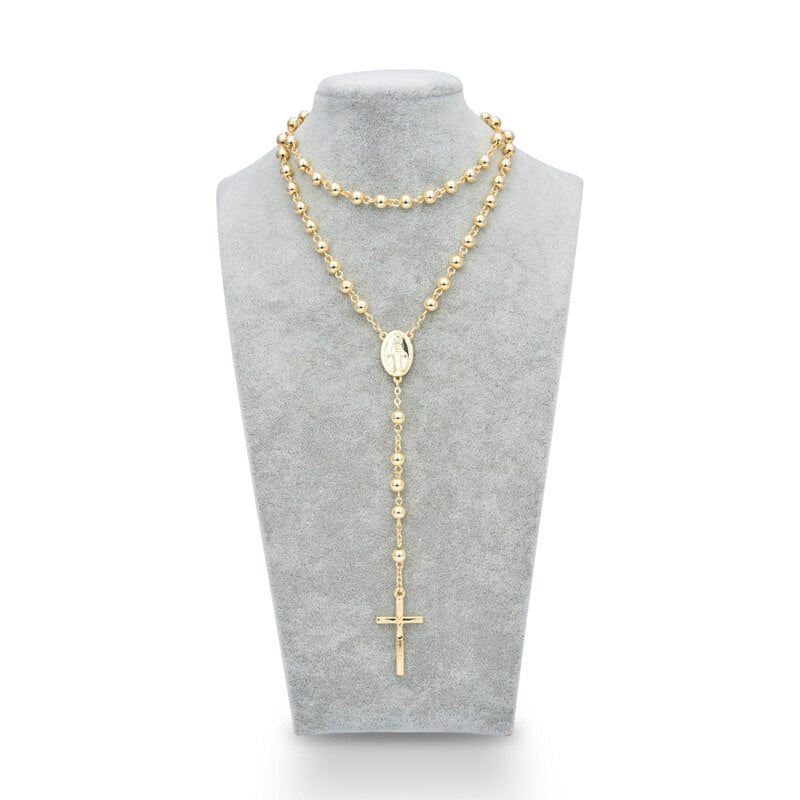 Men Women Light Yellow Gold-color Catholic Religious Virgin Mary Guadalupe Rosary Necklace Jewelry 6mm Prayer Beads
