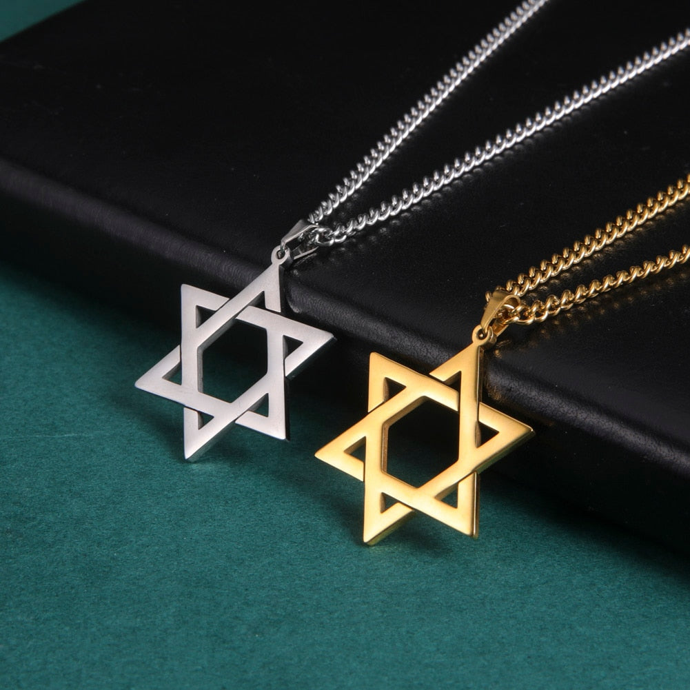 Men Women Trendy Mogan David Star Pendant Necklace Israel Jewish Stainless Steel Chain Star of David Golden Charm Choker Jewelry