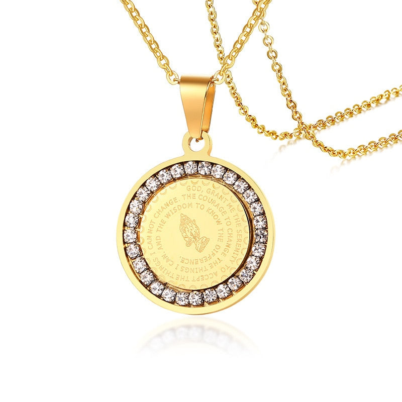 Men's Bible Verse Prayer CZ Necklace Christian Jewelry Gold Silver Stainless Steel Praying Hands Coin Medal Pendant Necklaces
