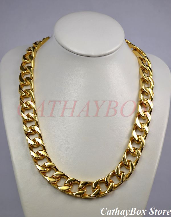 Men's Chunky Solid Thick All 18KGP Gold Finish Stainless Steel Cuban Curb Chain Necklace 280G 24 Long 19MM Wide