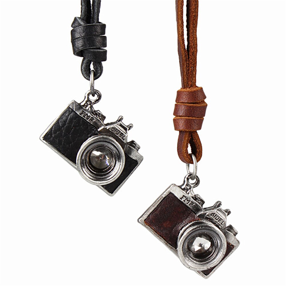 Men's Cool Creative Design Rock Charm Punk Black Brown Camera Pendant Necklace Genuine Leather Necklace
