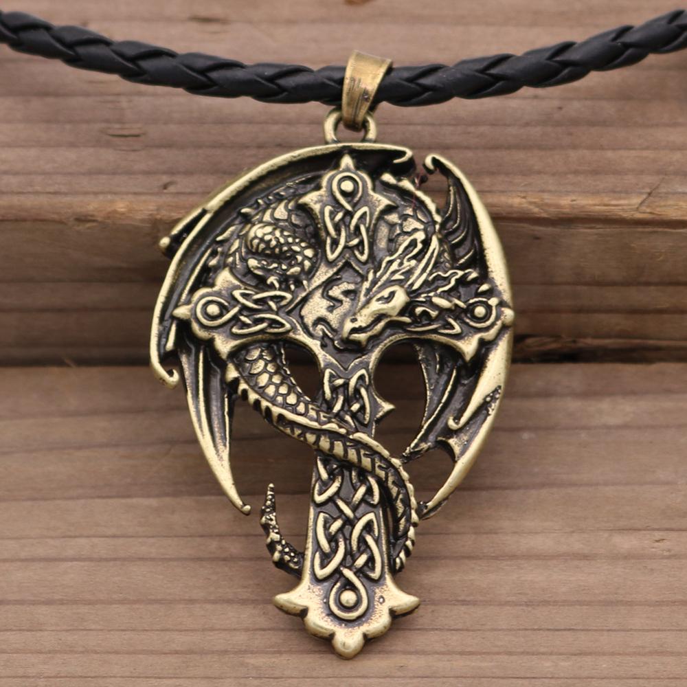 Men's Dragon Pendant Necklace Celt Vintage Metal Dragon Wing Cross Sword Punk religious guardian Gothic Necklaces Unique Design