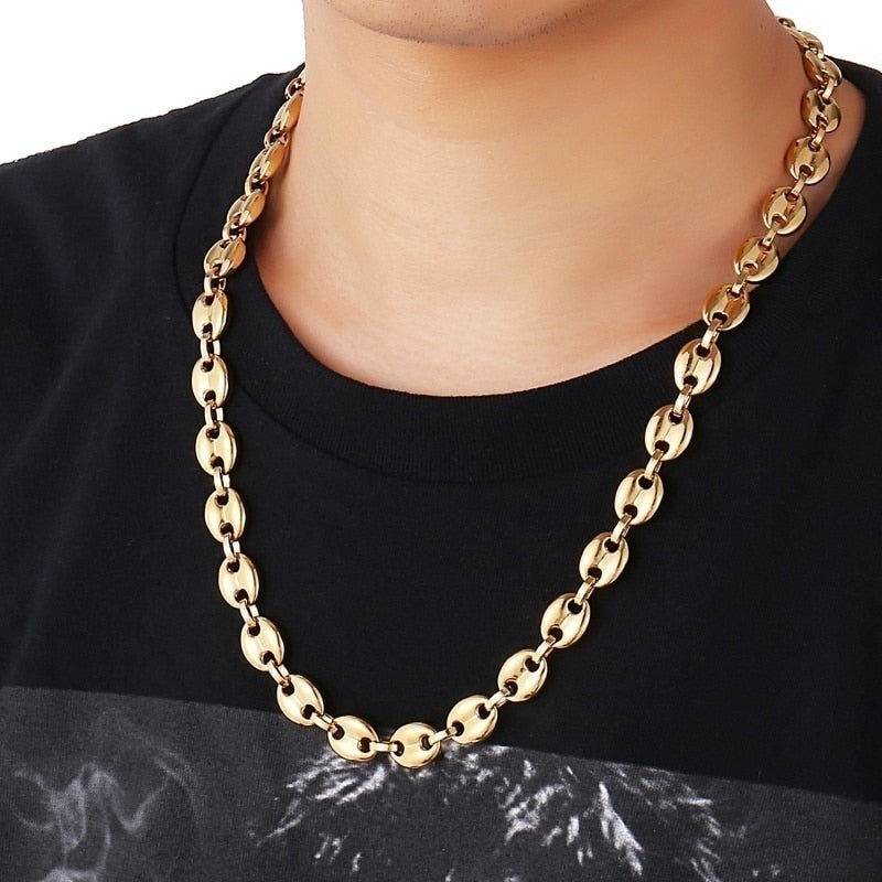 Men's Gold Color Punk Style Beads Personality Trend Coffee Bean Chain Necklace Birthday Gift