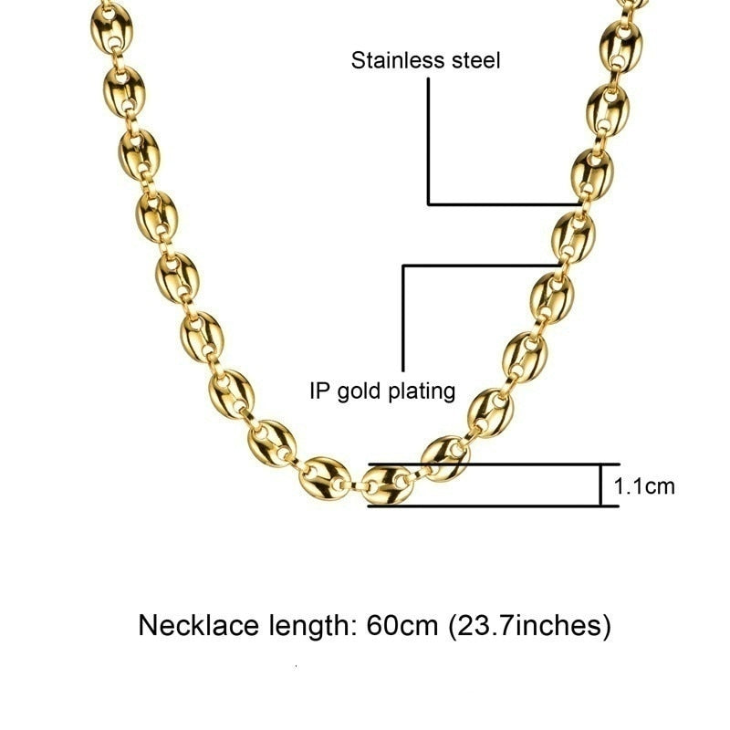 Men's Gold Color Punk Style Beads Personality Trend Coffee Bean Chain Necklace Birthday Gift
