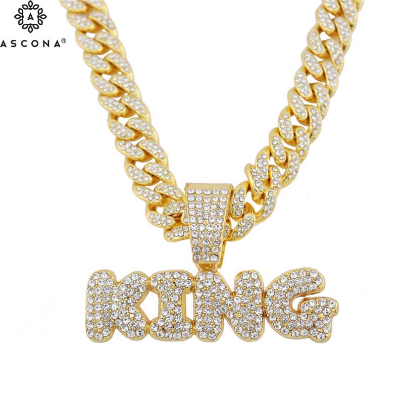 Men's Hip Hop Jewelry King Pendants Necklaces Bling Ice Out Rhinestone Gold Cuban Link Chain Letter Choker Rapper Jewelry Gifts
