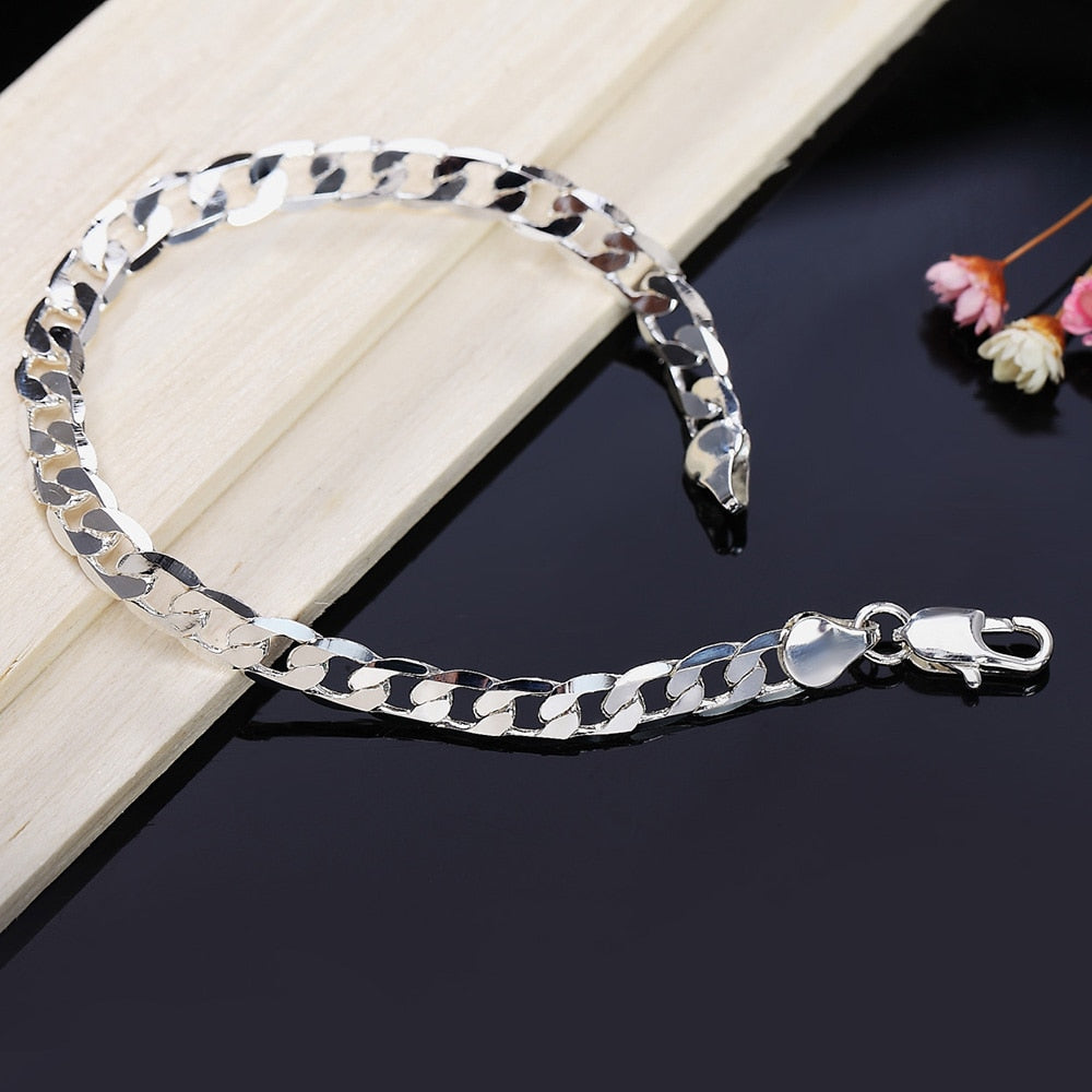 Men's Jewelry 925 Stamp Silver Color 8MM Link Chain Bracelet Bangle of Women Party Gift Pulseiras Christmas