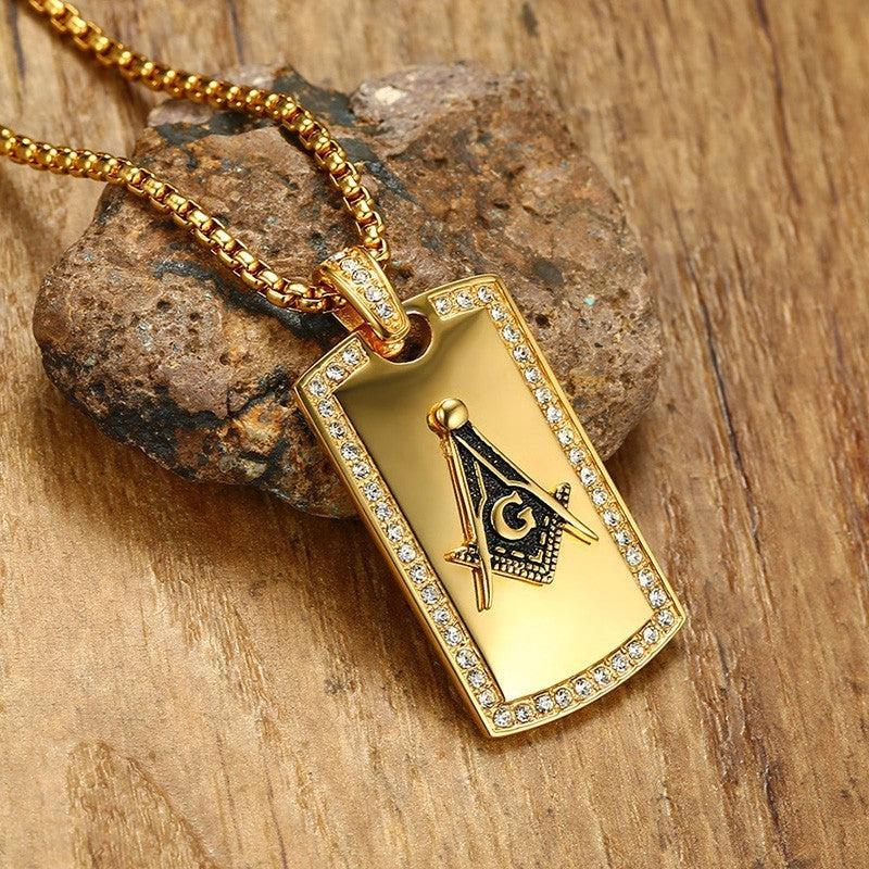 Men's Masonic Dog Tag Pendant Necklace with C Men Jewelry Stainless Steel Freemason Gold Tone Hop Accessories 24 inch