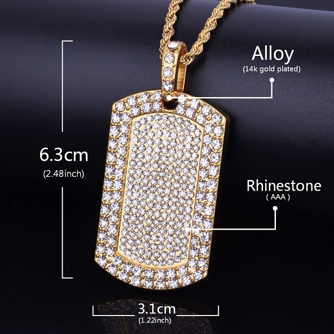 Men's Pendant Filled Iced Out Rhinestone Gold Color Charm Square Dog Tag Necklace With Cuban Chain Bling Bling Hop Jewelry