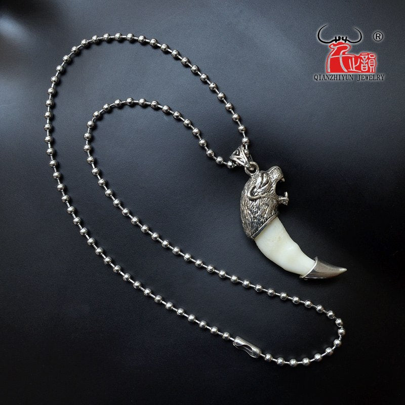 Men's Stainless Steel Necklace Tibetan Amulet Fangs Real Natural Tooth Vintage Silver Wolf Tooth Charm Pendant Necklace