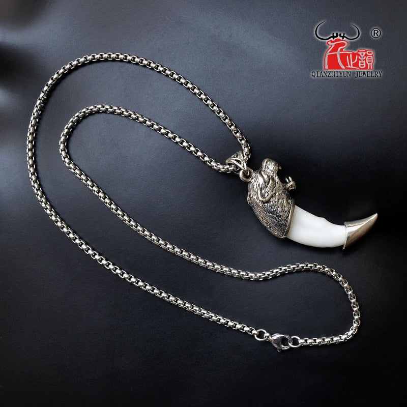 Men's Stainless Steel Necklace Tibetan Amulet Fangs Real Natural Tooth Vintage Silver Wolf Tooth Charm Pendant Necklace