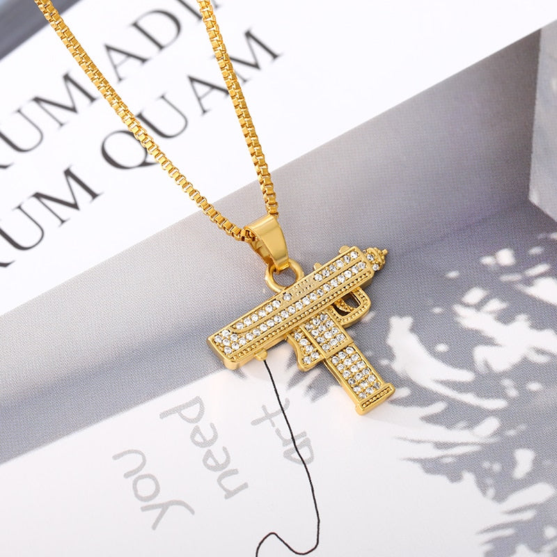 Men's Women's Jewelry Hip Hop Zircon Necklace Gold Box Chain Imitation Pistol UZI Shape Pendant Handsome Submachine Gun