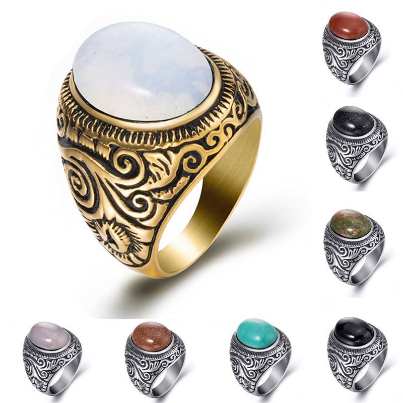 Men's Women's Natural Oval Turquoises Black Onyx Moonstone Silver Gold Stainless Steel Ring Gift Jewelry Plus Size 8-15