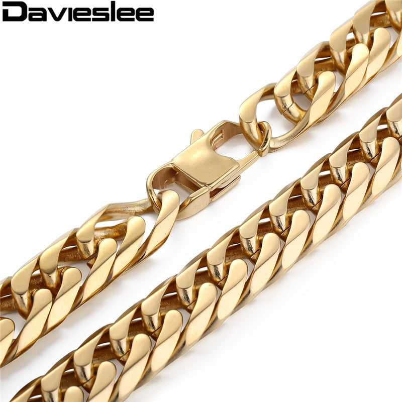 Mens Chain 13/15mm Heavy Gold Color Silver Tone 316L Stainless Steel Double Curb Link Rombo Boys Necklace Wholesale Gift LHN57