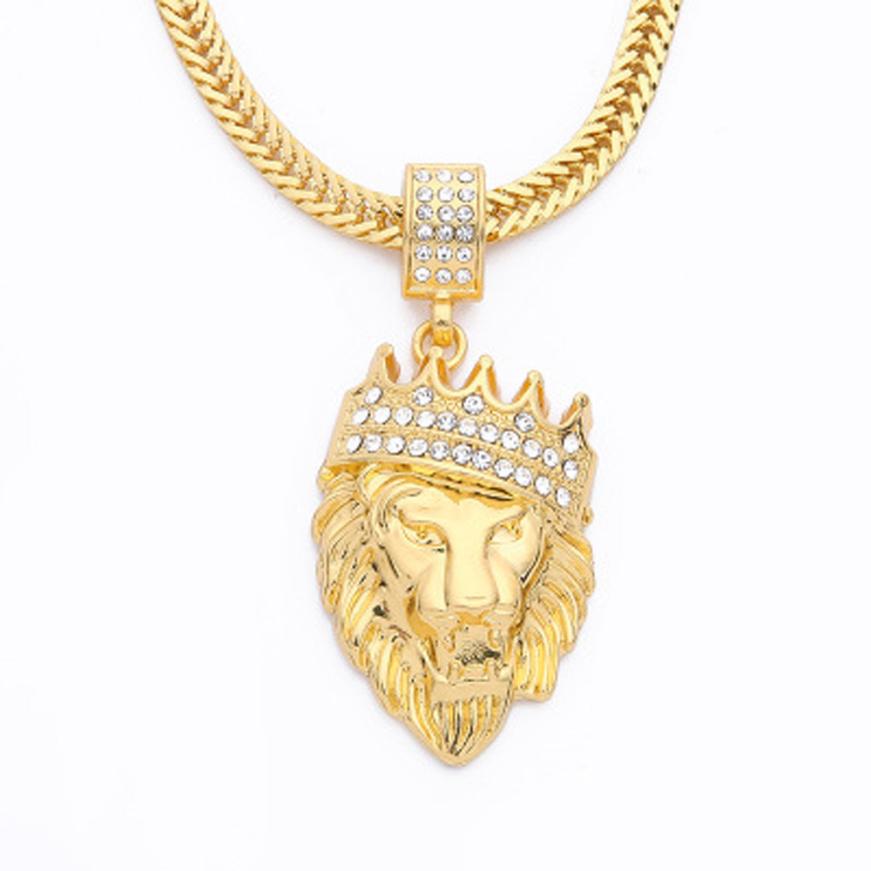 Mens Full Iced Rhinestone An crown Lion Tag necklaces pendants hop Cuban Chain Hop Necklace Gold Jewelry For Male #7-8