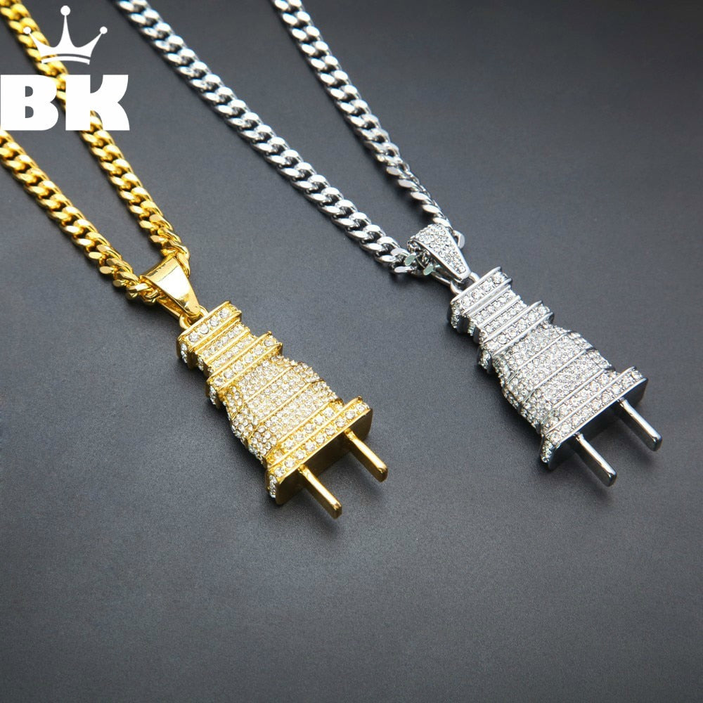 Mens Iced Out Bling Bling Plug Pendant Necklace Gold Silver Color Charm Micro Pave Full Rhinestone Hop Jewelry