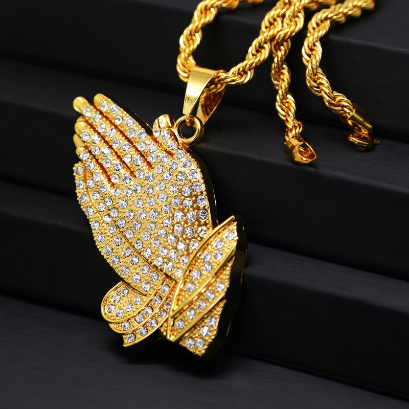 Me Iced Out Praying Hands Pendant Necklace with 30 inch Rope Chain pure Gold Labmade HOP BLING Prayer Jesus Hand Necklace