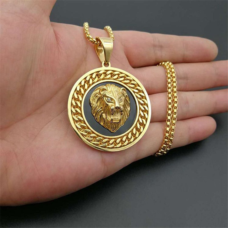 Mens Lion Head Necklace Pendant With Cuban Chain Male Hip Hop Gold Color Stainless Steel Animal Necklace Golden Jewelry Dropship