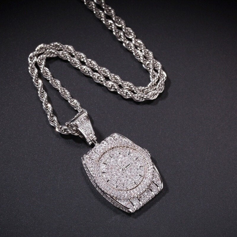 Mens Necklace Hip Hop Chain Creative Watch Shape Retro Pocket Watch Pendant Rapper Jewelry Gift