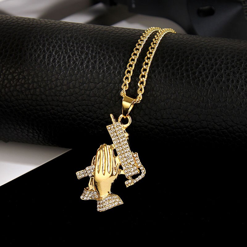 Mens Necklace Hip Hop Chain Inlaid Zircon Rhinestone Submachine Gun Prayer Hand Pendant Rapper Jewelry Gift