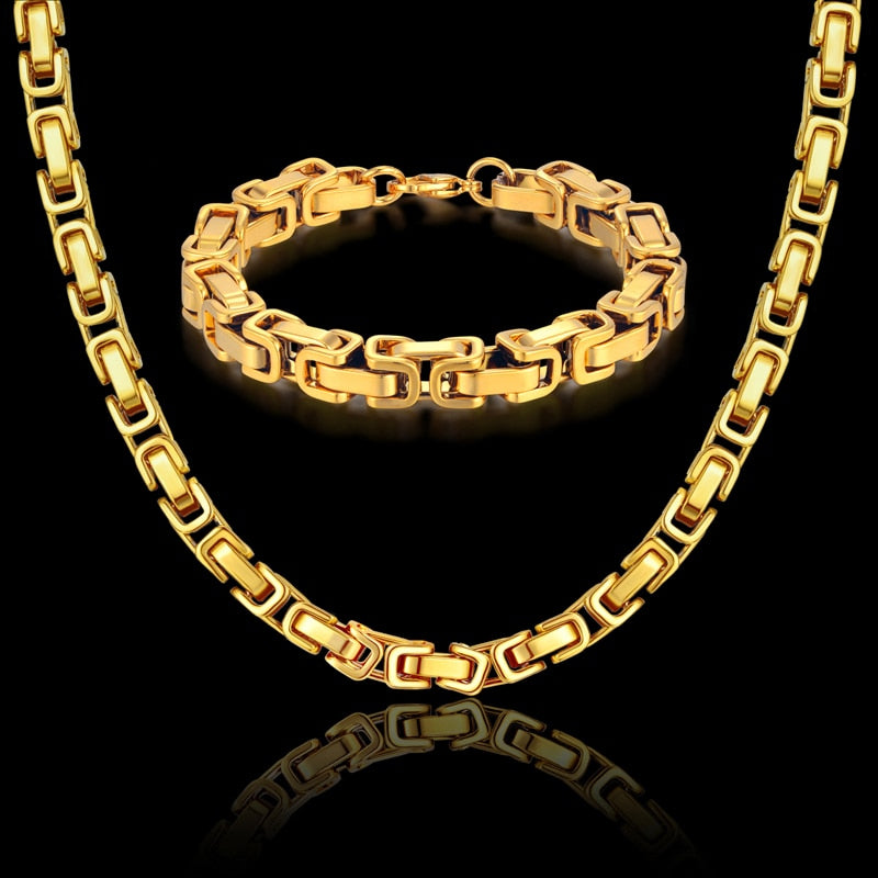Mens Necklace Set Gold Color Necklaces & Bracelets Byzantine Male Bijoux Chunky Stainless Steel Men Linked Chain 8MM Jewelry Set
