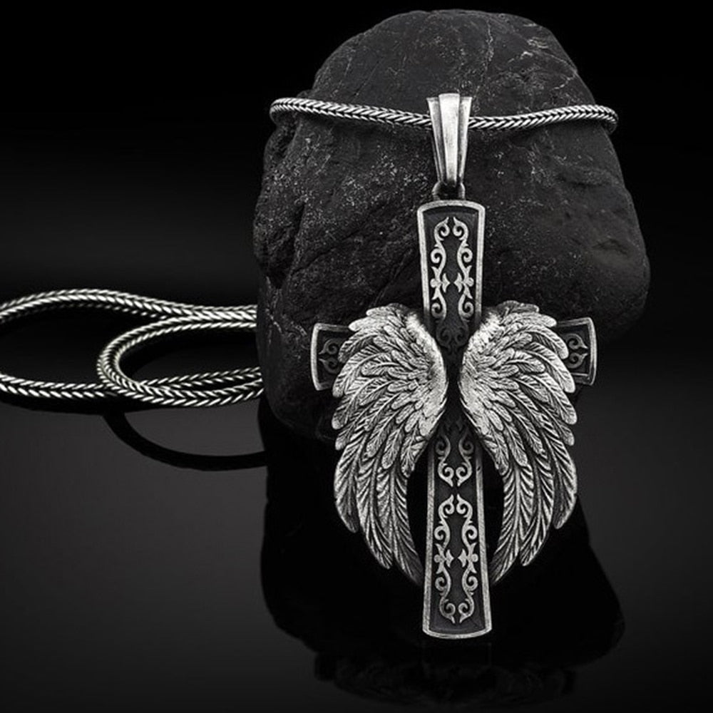 Mens Norse Cross Pendant Chain Antique Angel Wing Religion Necklaces Christian Cross Necklaces Sword Pure Tin Cross Pendant