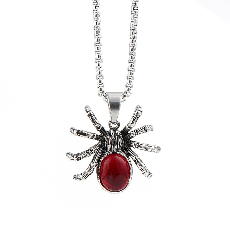 Mens Punk Vintage Retro Black Widow Red Crystal Stone Spider pendant Necklace Gothic Women Biker Stainless Steel Jewelry 60cm