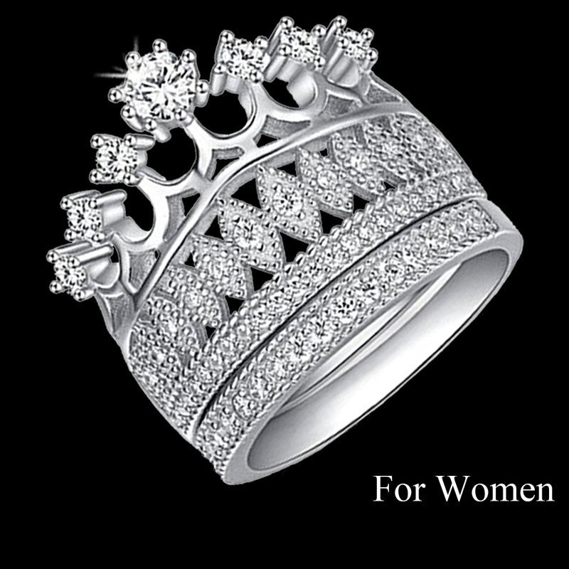 Mens and Womens Silver Princess Stainless Steel Cubic Zirconia CZ Lovers Rings Crown Engagement Wedding Band Ring Set