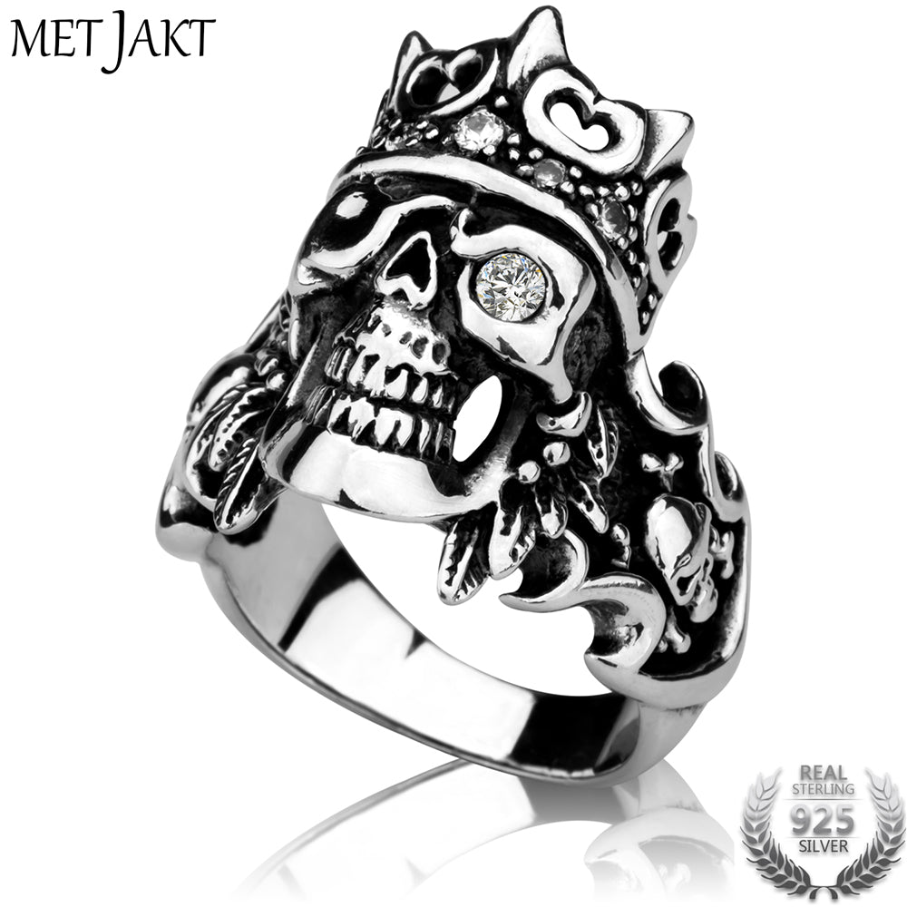 925 Sterling Silver Men's Punk Rock Crown Skull Ring with Zircon & Handmade Ring for Co Men Biker Gothic Jewelry