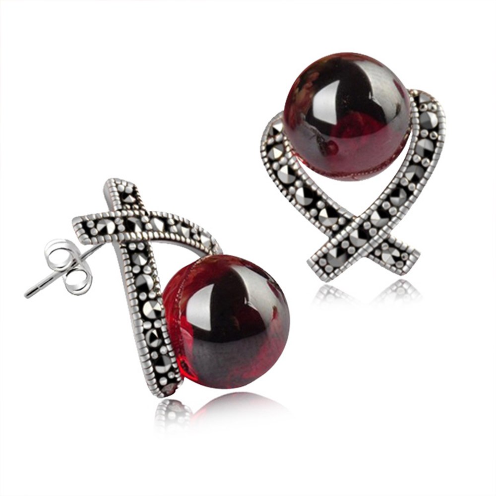 Agate/Garnet Earrings with Zircon Solid 925 Sterling Silver Stud Earrings for Women and Girl Party Wedding Jewelry