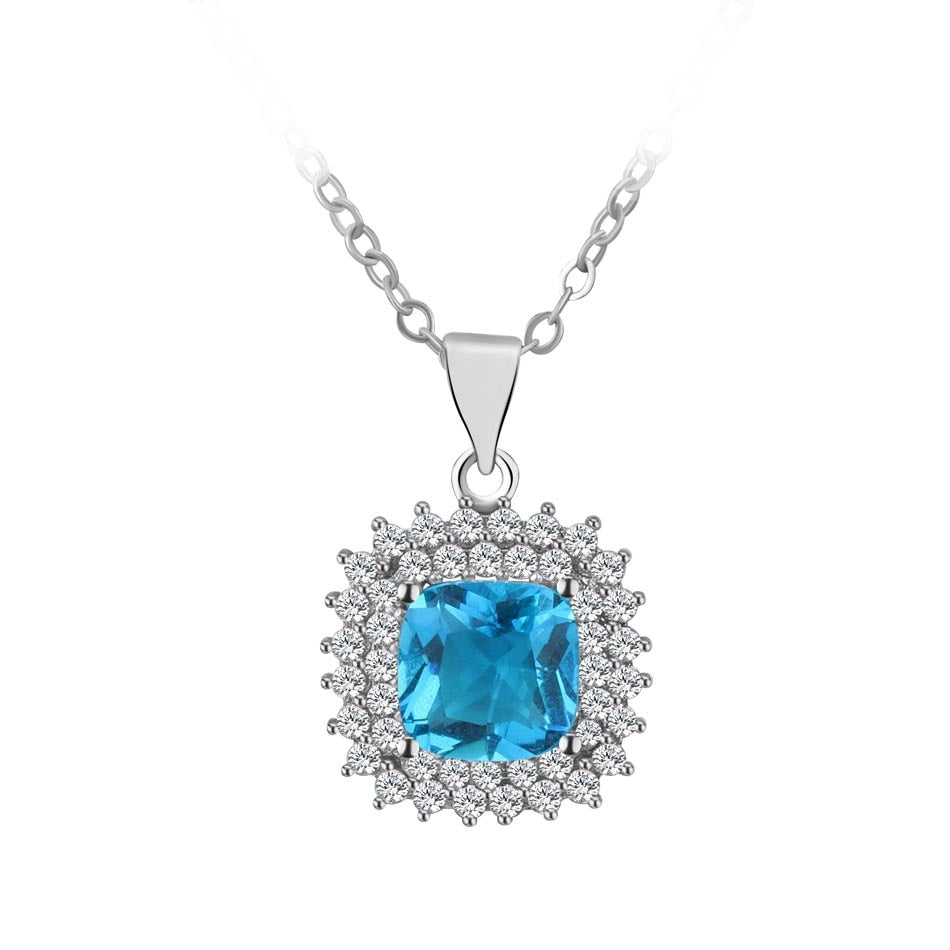 Blue Topaz Pendant Necklace with Zircon Solid 925 Sterling Silver Extend Chain for Women Girl Perfect Gift 45cm Chain