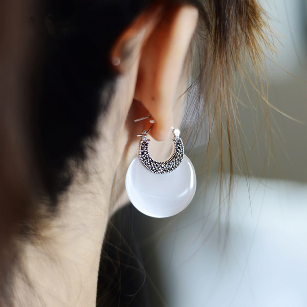 Bohemia Natural Agate/White Chalcedony Drop Earrings with Zircon Solid 925 Sterling Silver Earring for Women Jewelry