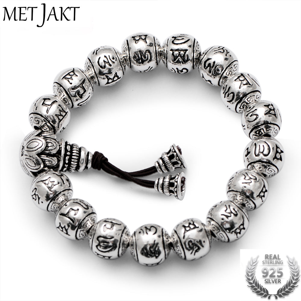Buddhism Mantra Bracelet Solid S925 Sterling Silver Buddha Beads Bracelet for Unisex Vintage Jewelry Stretching 19-23cm