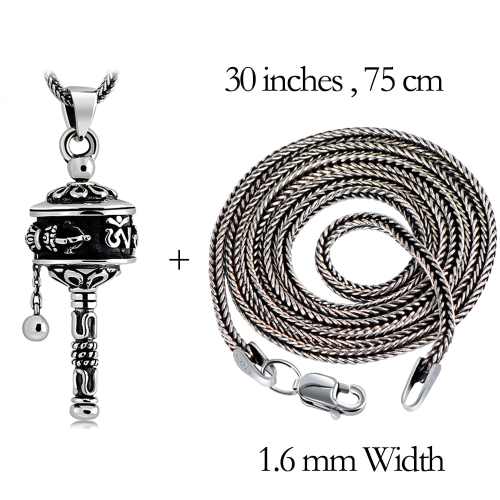 Buddhist Cylinder Pendant Necklace Solid 925 Sterling Silver Bring Lucky Pendant Necklace Pendant for Vintage Jewelry