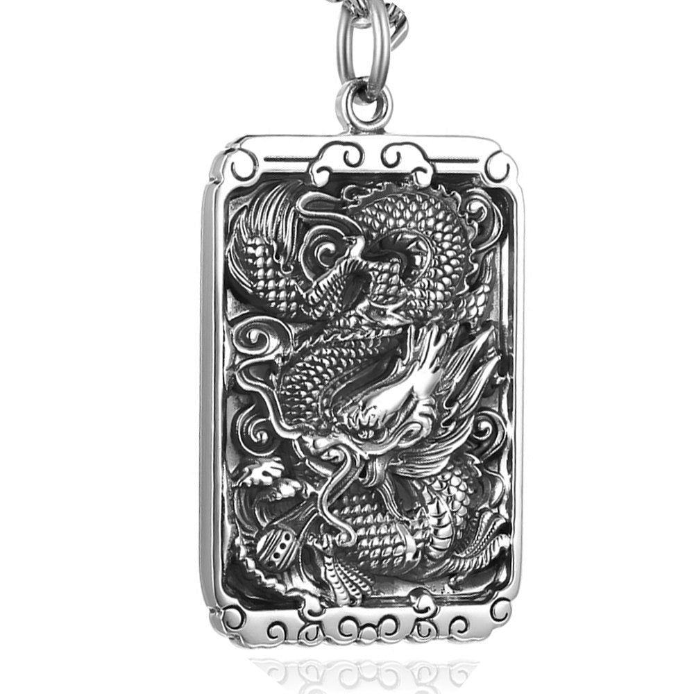 Chinese Culture Dragon and Cloud Pendant & Snake Chain Solid 925 Sterling Silver Men's Lucky Auspicious Jewelry