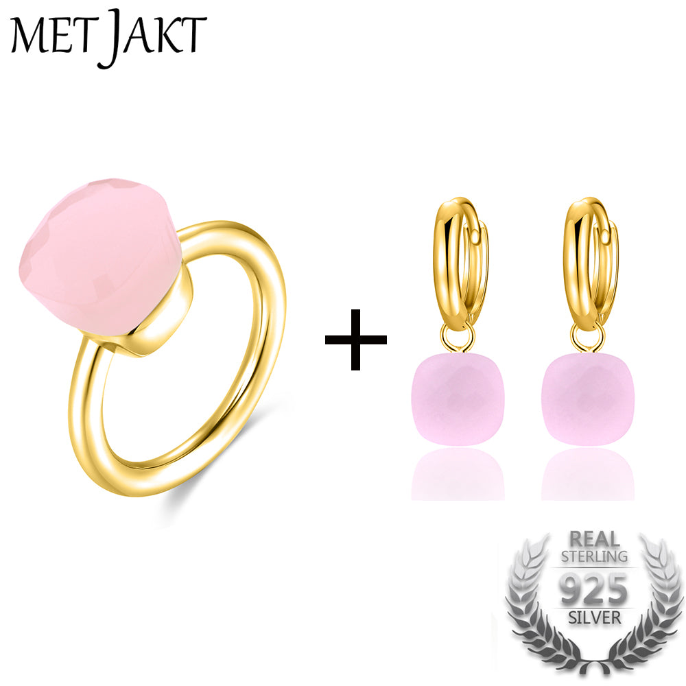 Classic Natural Agate/Topaz Ring and Earrings Jewelry Sets Solid 925 Sterling Silver with Gold Color for Women Jewelry