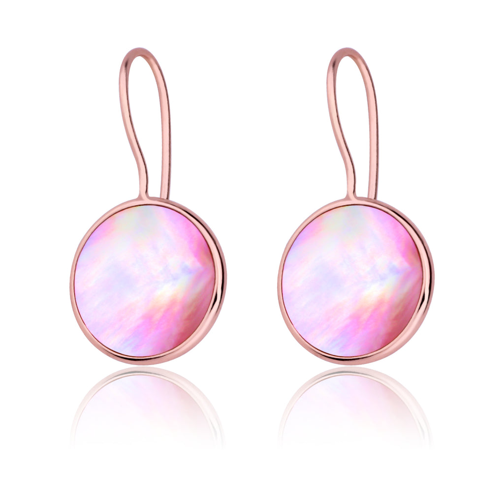 Classic Natural Round Pink Shell Drop Earrings Solid 925 Sterling Silver with Rose Gold Color for Lady Luxury Jewelry