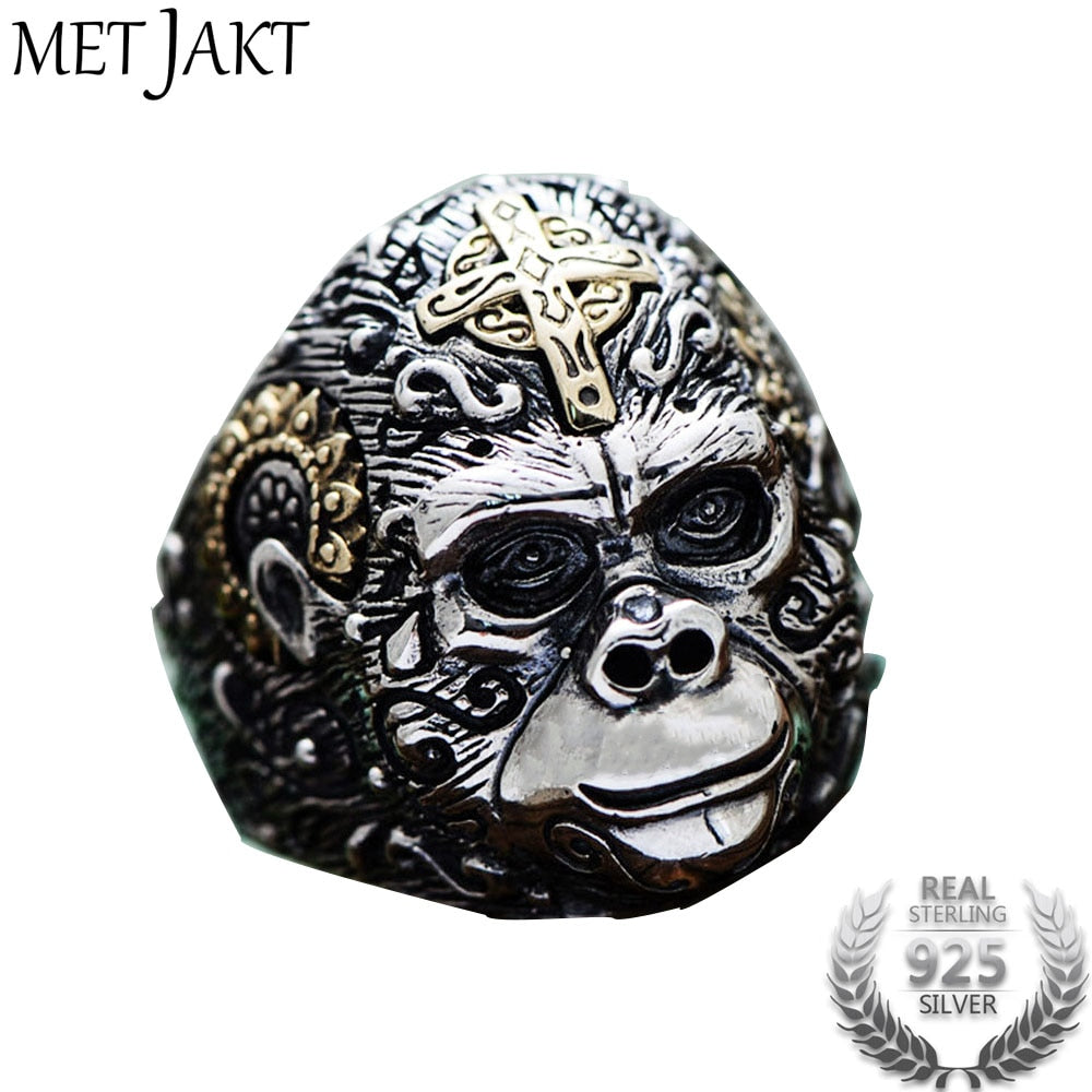 Domineering King Kong with Gold Cross Rings Solid 925 Sterling Silver Ring for Men Vintage Punk Rock Locomotive Ring