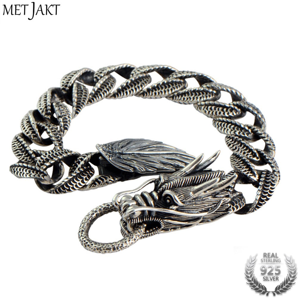 Domineering Men's Punk Dragon Bracelet Solid 925 Sterling Silver Dragonscale Bracelet for Men & 1.5cm Width,20cm