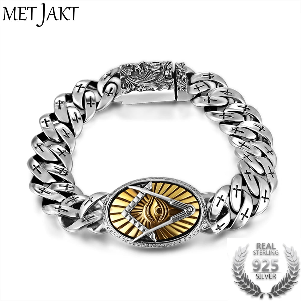 Eye of God Bracelets & Thai Master Carving Vintage Phoenix and Cross Solid 925 Sterling Silver Men's Punk Bracelet 19cm