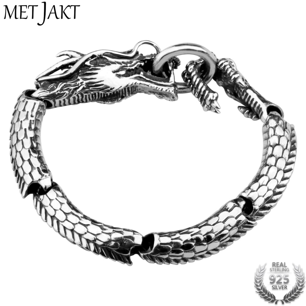 Handmade Men's Domineering Dragon Bracelet Solid Vintage 925 Thai Silver Jewelry for Men and Boy Punk Jewelry 21cm