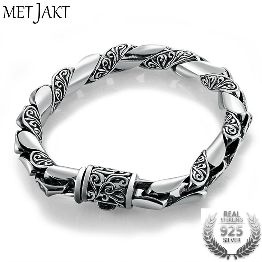 Handmade Men's Vintage Thai Silver Bracelet Solid 925 Sterling Silver Bracelet for Male Biker Vintage Jewelry 21cm