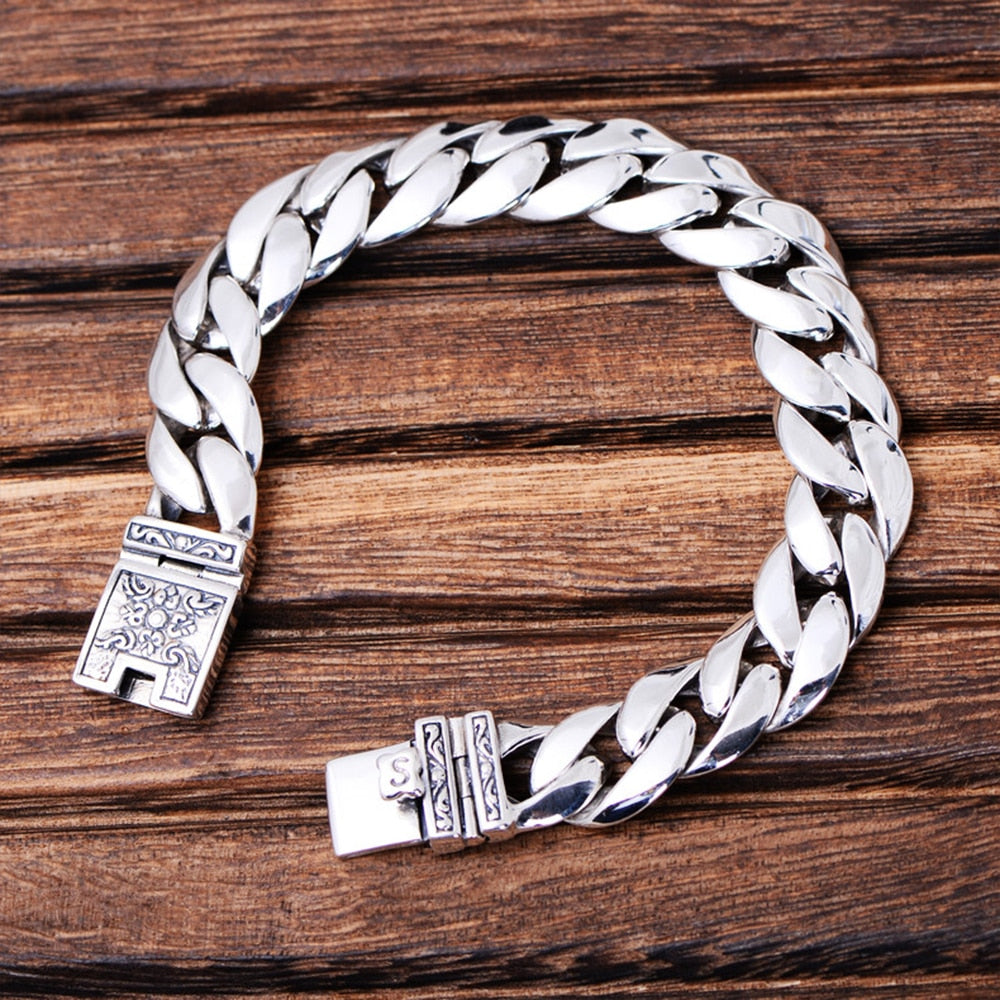 Men's Classic Punk Link Bracelet with Totem Solid 925 Sterling Silver Bracelet for Male Biker Vintage Jewelry 21cm