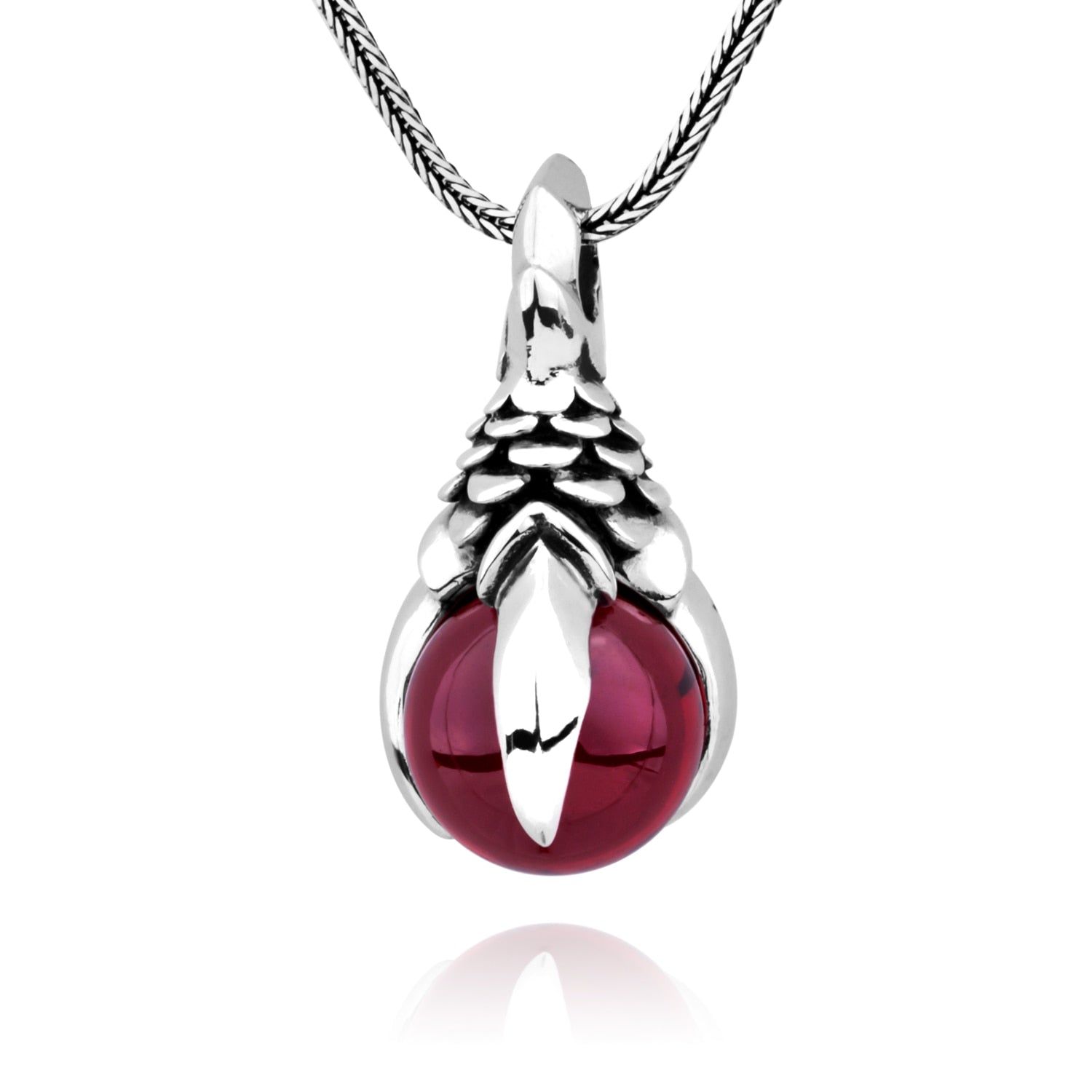 Mens Punk Dragon Claw Garnet Pendant Necklace Solid 925 Sterling Silver and Snake Chain Handmade Jewelry