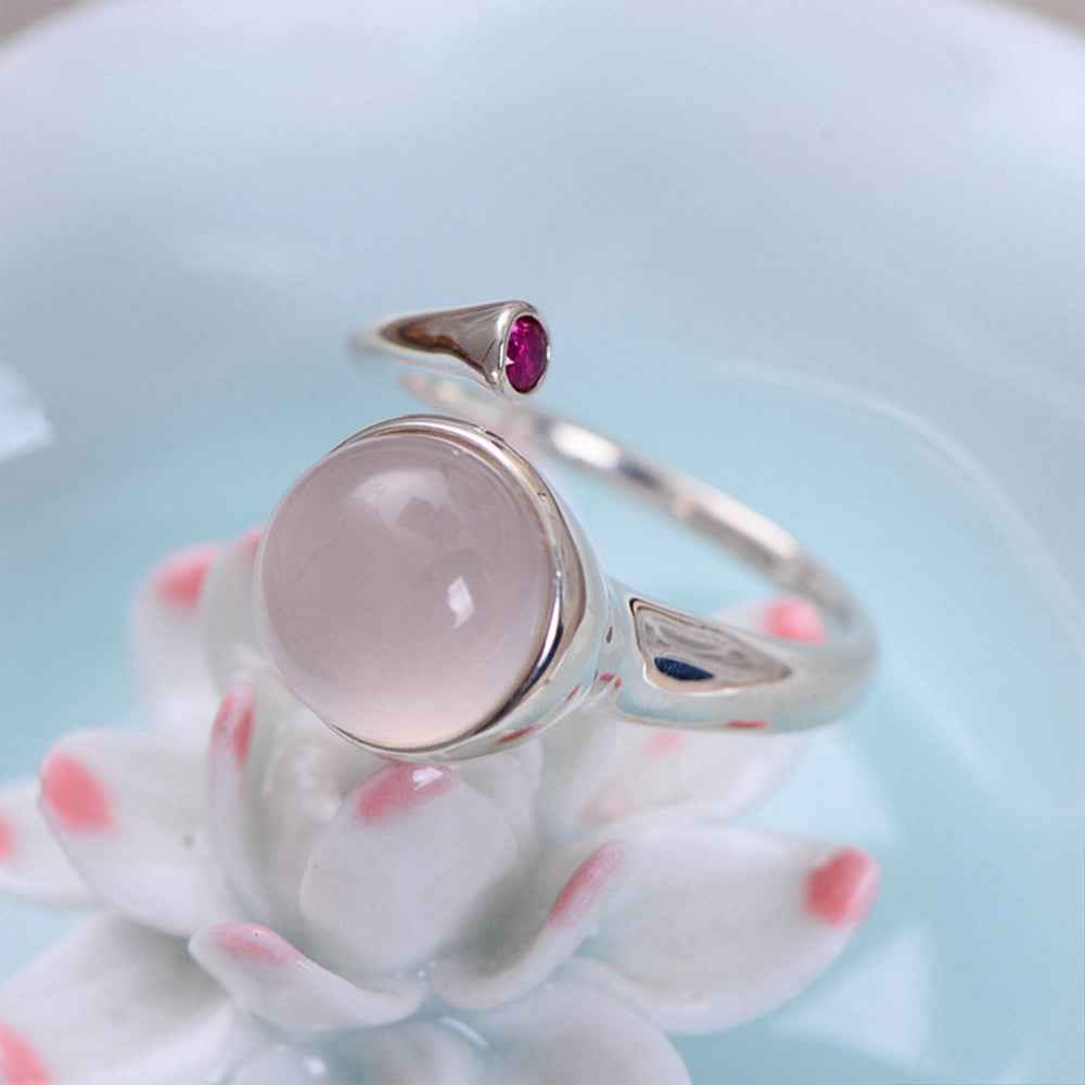 Natural 1cm Rose Quartz with Ruby Rings Solid 925 Sterling Silver Open Ring for Women Light Luxury Vintage Jewelry
