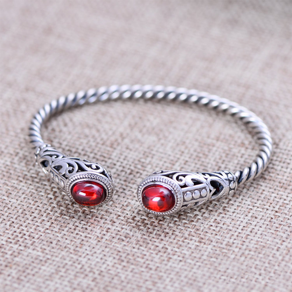 Natural Agate/Garnet Quartz Bangle Solid 925 Sterling Silver Vintage Open Bracelets for Women's Luxury Jewelry
