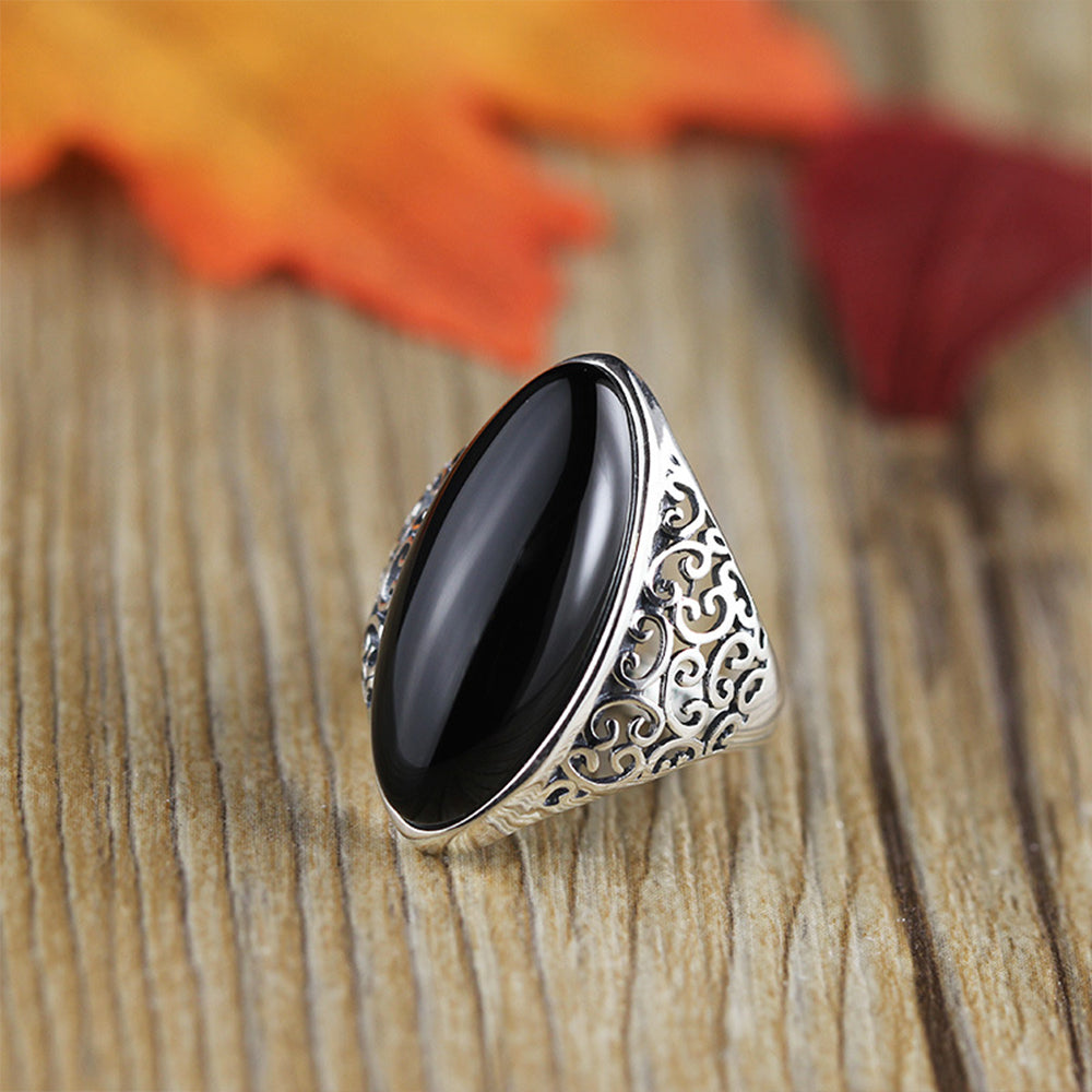 Natural Black Agate Vintage Ring & Hand-carved Hollow Pattern Solid 925 Sterling Silver Ring for Women Fine Jewelry