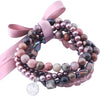 Natural Gemstone Mix Cherry Quartz,fresh Water Pearl,Rhodonite,Handmade Elastic Bracelet with Double Happiness Charm