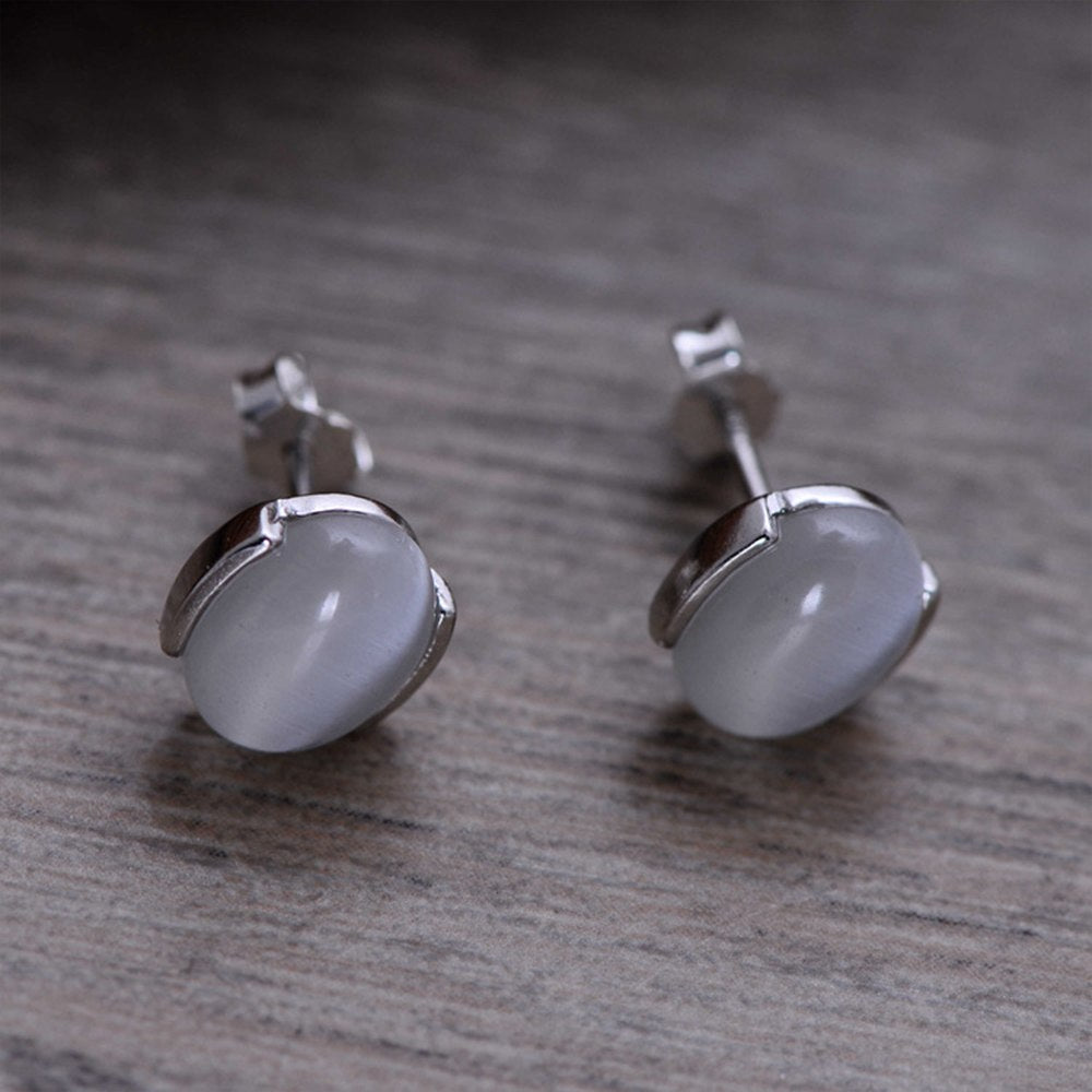 Natural Green Agate Earrings and Cat's Eye Solid 925 Sterling Silver Stud Earrings for Women's Vintage Jewelry