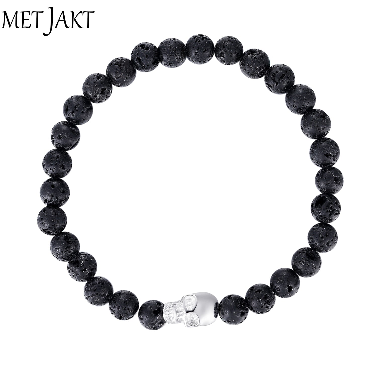 Natural Lava Handmade Elastic Skull Bracelets Solid 925 Sterling Silver Skeleton Pendant for Unisex Jewelry(16-21cm)